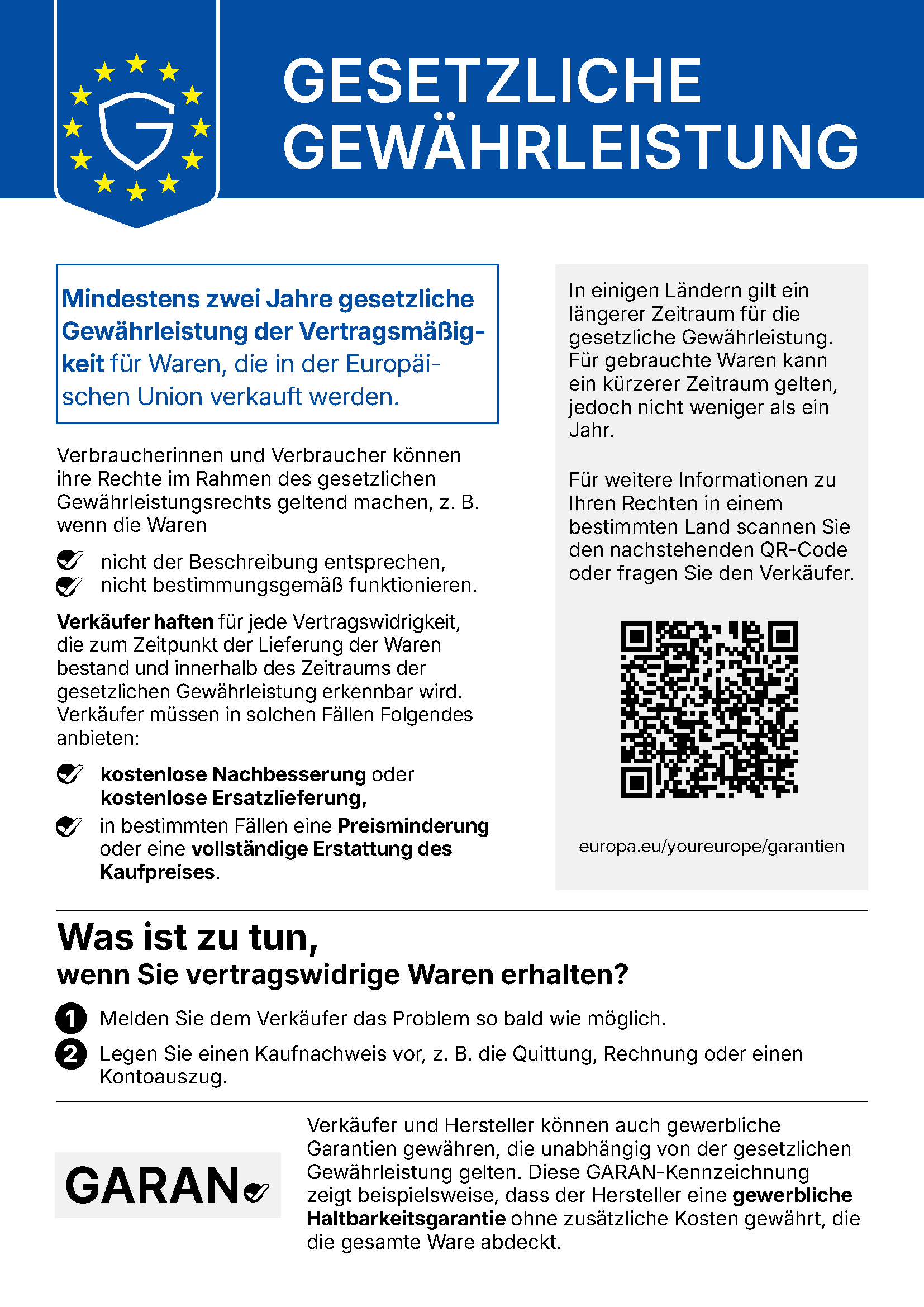 Gesetzliche Gewährleistung: mindestens zwei Jahre gesetzliche Gewährleistung der Vertragsmäßigkeit